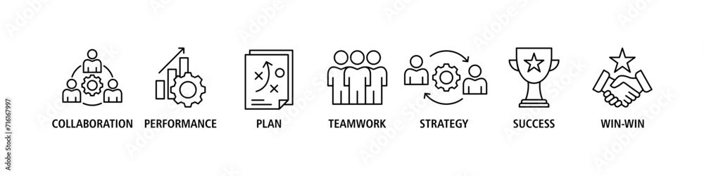 Partnership banner web icon set vector illustration concept with icon of collaboration, performance, plan, teamwork, synergy, success and win-win solution Partnership banner web icon set vector illustration concept with icon of collaboration, performance, plan, teamwork, synergy, success and win-win solution