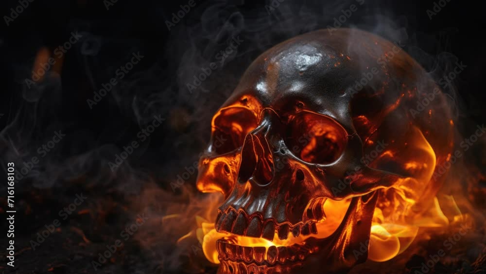 The skull burns in the fire and glows with billowing smoke, a seamless loop video background