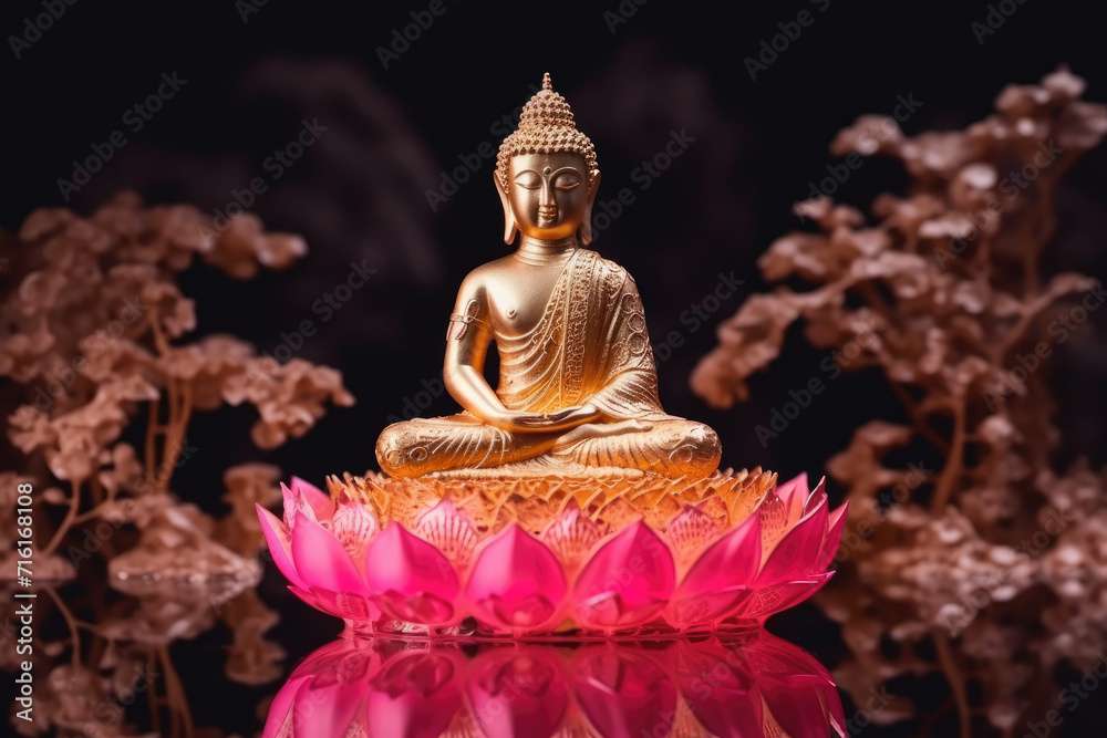 golden crystal buddha decorated with pink glowing lotuses, jungle nature background