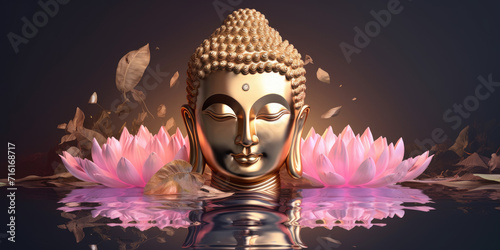 golden crystal buddha face decorated with pink glowing lotuses