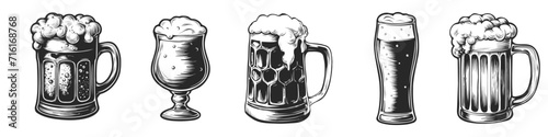 Set of beer glasses, mugs, ribbon, bottle, and hop. Vintage vector engraving illustration for web, pub, poster, invitation to party. Hand drawn design element isolated on white background.