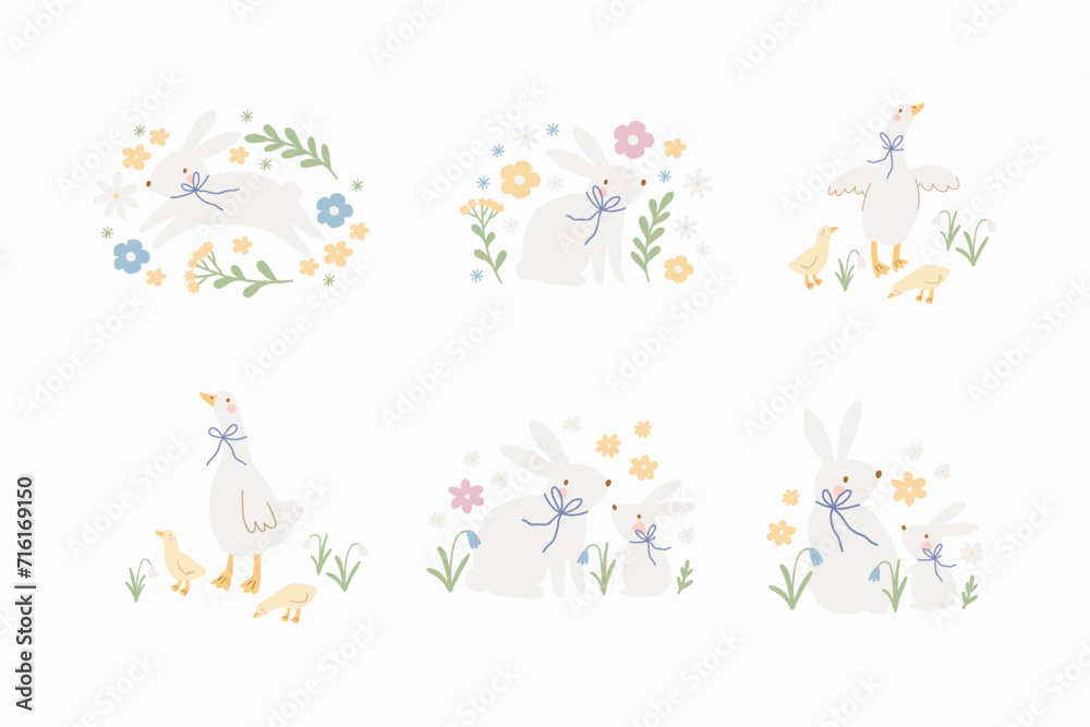 Spring floral cartoon set with cute goose and bunny. Happy Easter print in flat style and pastel colors. Mom and baby