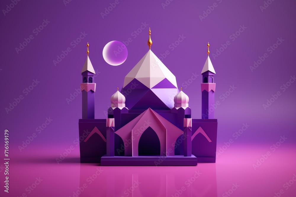 Purple Origami Mosque on violet background. Eid Mubarak, Ramadan Kareem concept