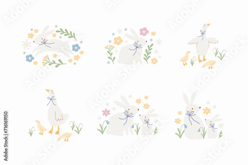 Spring floral cartoon set with cute goose and bunny. Happy Easter print in flat style and pastel colors. Mom and baby