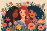 happy woman day card with women and flowers