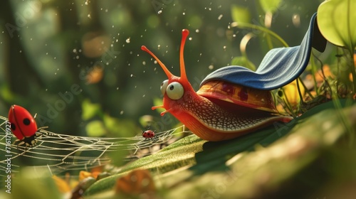 In a creative take on the clic damsel in distress scenario a snail superhero in a cape and mask carefully scales a blade of gr to rescue a ladybug from a spiders web in