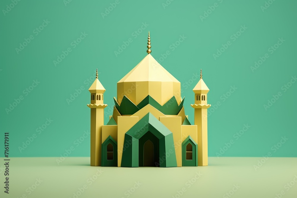 Origami Mosque on green background. Paper cut concept. Eid Mubarak, Ramadan Kareem concept Origami Mosque on green background. Paper cut concept. Eid Mubarak, Ramadan Kareem concept