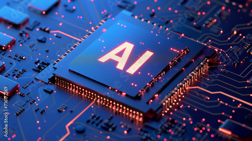 Artificial intelligence micro chip with text on chip. AI cpu digital technology. Futuristic hitech style. Computing processor board chip wallpaper.