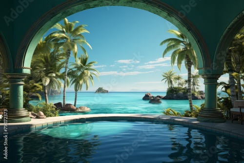 Tropical Resort Pool  on an isolated Emerald Green background  Generative AI