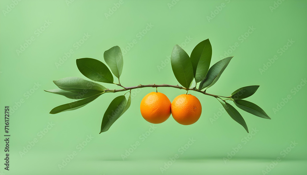 A branch of fresh oranges fruit with leaves on a green background