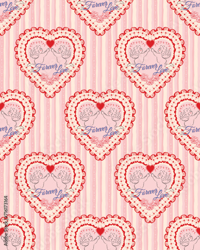 Heart With Cupid Hand Draw Seamless Vector Pattern Artwork On Pink Background, Valentine Festival illustration, Forever Love 