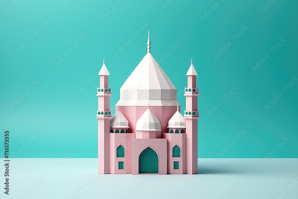 Pink Origami Mosque on blue background. Eid Mubarak, Ramadan Kareem concept