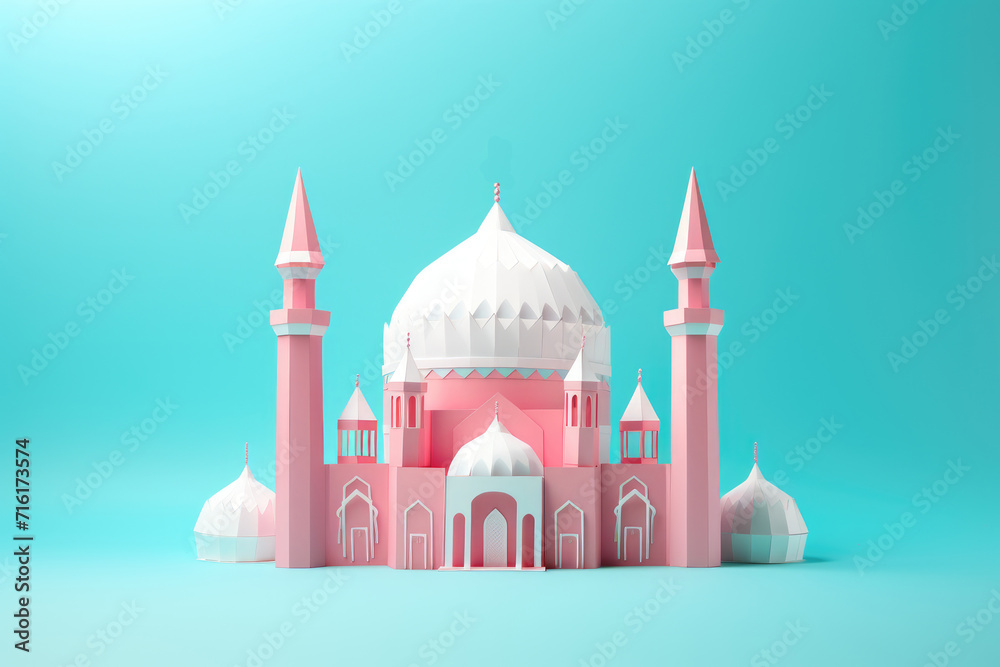 Pink Origami Mosque on blue background. Eid Mubarak, Ramadan Kareem concept Pink Origami Mosque on blue background. Eid Mubarak, Ramadan Kareem concept