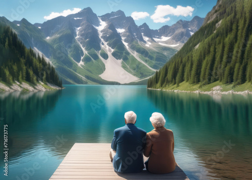 Two elderly people, a family of a man and a woman, are sitting on a wooden pier on the shore of a mountain lake. Life in retirement, travel of older people © Natalia