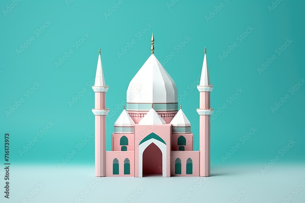 Pink Origami Mosque on blue background. Eid Mubarak, Ramadan Kareem concept Pink Origami Mosque on blue background. Eid Mubarak, Ramadan Kareem concept