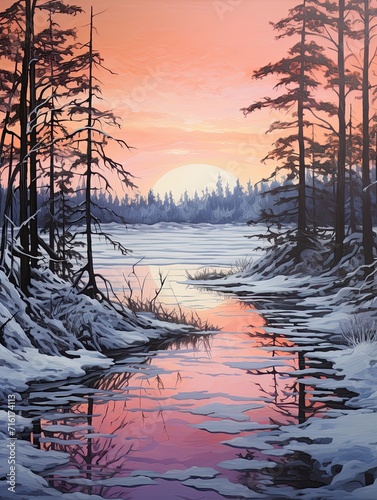 Nordic Winter Wonderland: Enchanting Lakeview Artwork Amidst Frozen Lakes © Michael