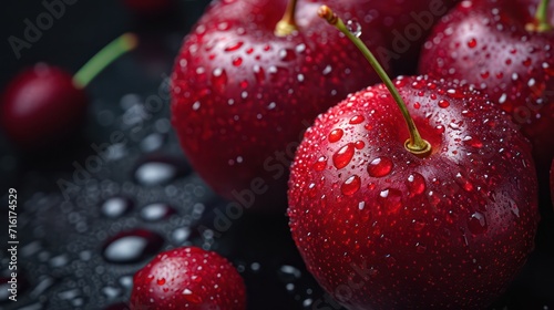 Photograph of bright red cherries adorned with water droplets, exuding a refreshing look with a minimal composition and ample copy space