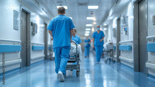 Back view healthcare worker in scrubs pushing a medical trolley down a bustling hospital corridor.