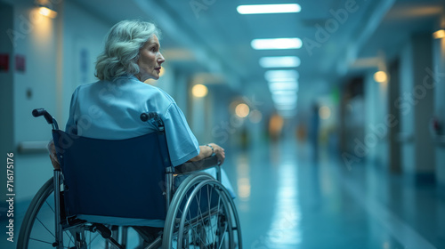 Fotografia Rear view of a solitary patient in a wheelchair navigating through the corridor of a hospital, depicting healthcare accessibility