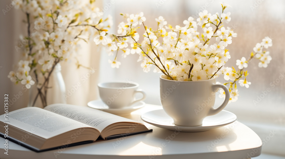 cup of coffee and books on windowsill with blossoming tulips bouquet cup of coffee and books on windowsill with blossoming tulips bouquet
