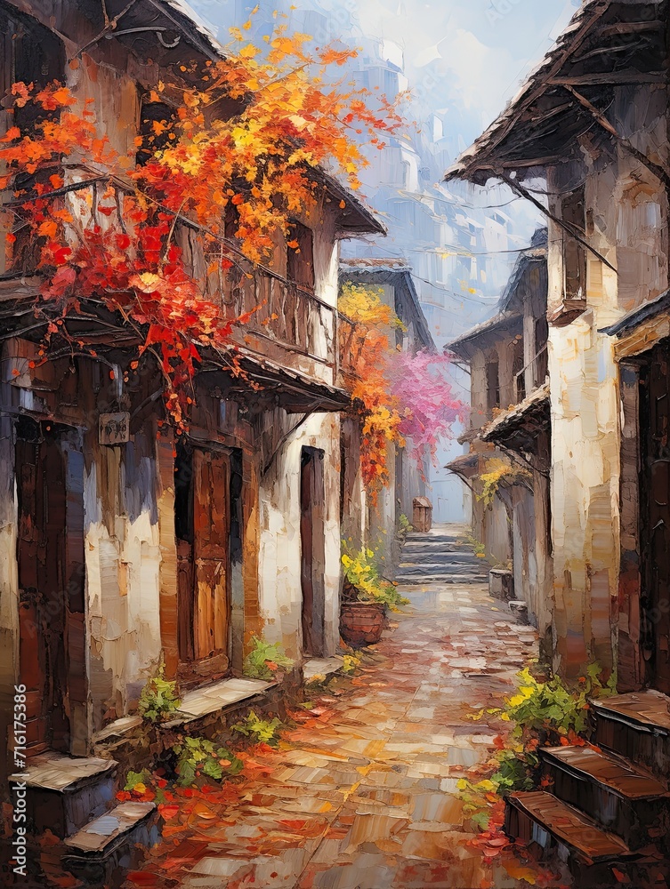 Vibrant Landscape: Old-World European Alleys Autumn Painting � Fall-Colored Alleys