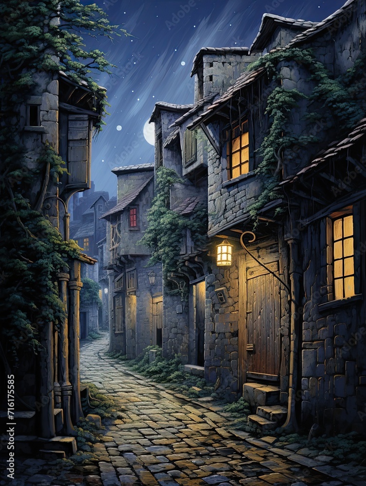 Old-World European Alleys: Modern Landscape, Night Sky Artwork & Dawn Painting