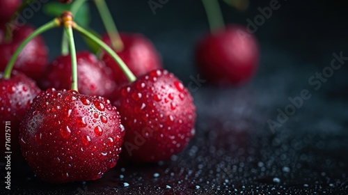 Photograph of bright red cherries adorned with water droplets, exuding a refreshing look with a minimal composition and ample copy space