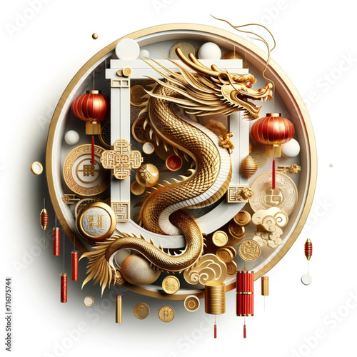 A celebrating the Chinese New Year  3d style featuring traditional symbols gold dragon and elements  white background.
