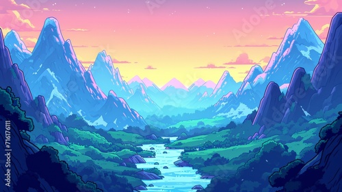 Colorful Fantasy Valley with Mountains and River at Sunset © Ross
