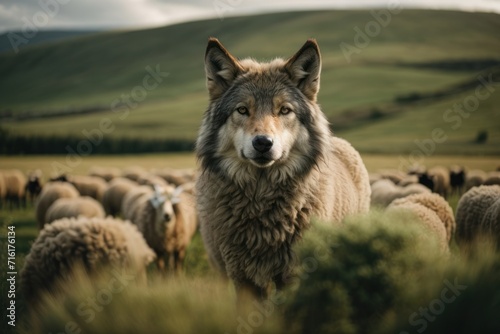 A wintry wildlife portrait featuring a gray wolf and a sheep in farm
