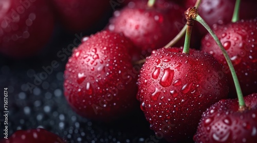 Photograph featuring luscious red cherries covered in water droplets, creating a refreshing visual appeal with a minimalistic composition and significant copy space