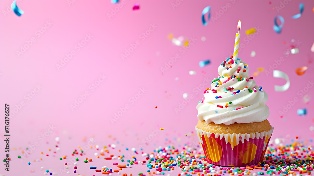 A vibrant and delicious birthday treat, a cupcake adorned with a lit candle is the perfect blend of sweetness and celebration with its buttercream icing, colorful sprinkles, and festive party supplie
