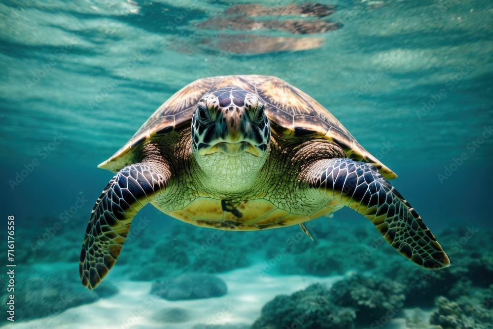 Obraz premium Tropical sea turtle gracefully glides through the vibrant blue ocean waters, surrounded by colorful coral reefs and marine life