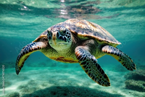 Tropical sea turtle gracefully glides through the vibrant blue ocean waters, surrounded by colorful coral reefs and marine life © 2D_Jungle