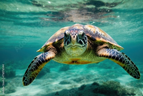 Tropical sea turtle gracefully glides through the vibrant blue ocean waters, surrounded by colorful coral reefs and marine life