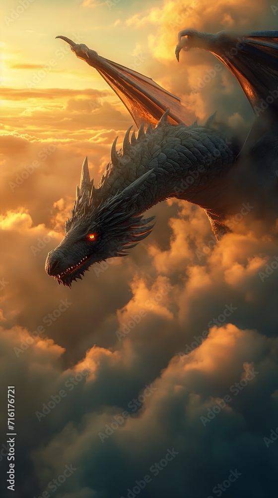 Fototapeta premium dragon flying clouds wings spread view brunet promotional return king still rick sun sky strong breathtaking