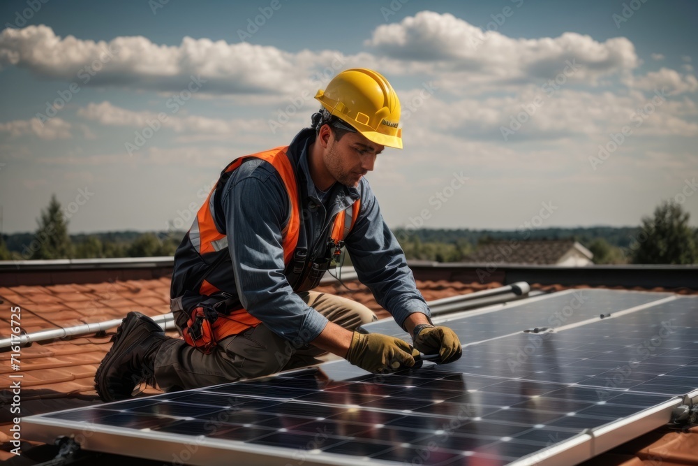 A worker on a roof, using a tablet, engages in construction work outdoors with a child nearby, ensuring safety with a helmet, in a fun and dynamic building environment under the open sky