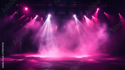Stage Light with Red Pink Purple Spotlights and Smoke. Concert and Theatre Dark Scene 