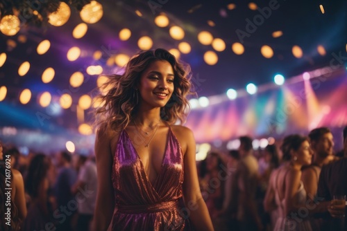 A woman, adorned in a stylish black dress, dances gracefully in a vibrant nightclub filled with music, lights, and the joyous atmosphere of a lively party