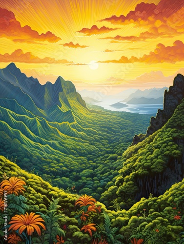 Radiant Hawaiian Sunsets Plateau Art Print: Elevated Sunset Views and Island Peaks
