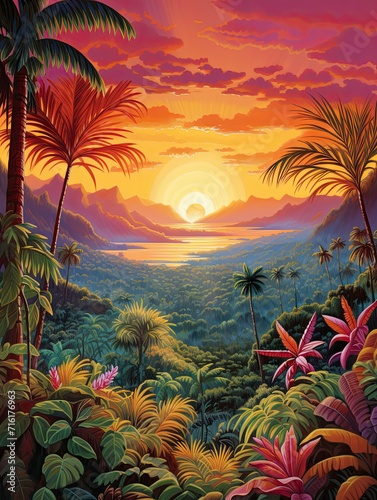 Radiant Hawaiian Sunsets: Captivating Sunset Jungle Scene with Lush Rainforest and Fiery Nature Prints