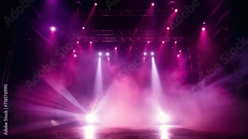Stage Light with Red Pink Purple Spotlights and Smoke. Concert and Theatre Dark Scene 