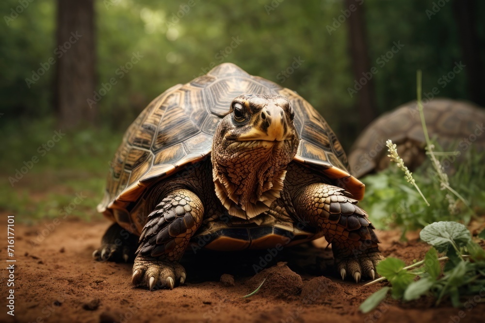 Turtle enjoying nature on a rock in the grass