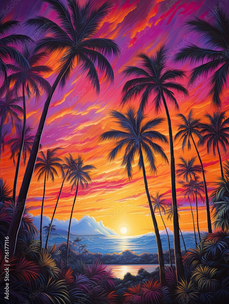 Radiant Hawaiian Sunsets: Sunset Palms and Island Tree Line Artwork