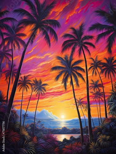 Radiant Hawaiian Sunsets: Sunset Palms and Island Tree Line Artwork
