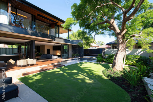 a modern house with a large garden, flower garden, and trees © Kien