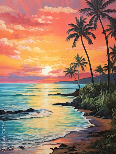 Radiant Hawaiian Sunsets Wall Art: Island Vibes Beach Scene Painting