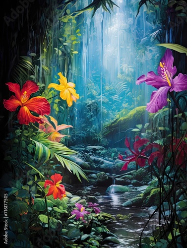 Rain-Kissed Flower Petals  Vibrant Art Print Inspired by Rainforest Jungle Scene