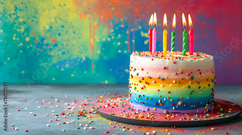 Indulge in a sweet celebration with a vibrant rainbow cake adorned with flickering candles  a symbol of love and warmth on a special birthday