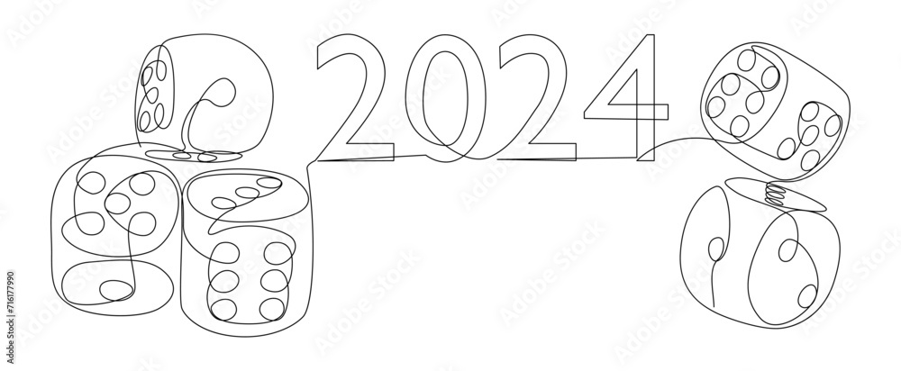 One continuous line of dice with number 2024. Thin Line Illustration vector concept. Contour Drawing Creative ideas. One continuous line of dice with number 2024. Thin Line Illustration vector concept. Contour Drawing Creative ideas.
